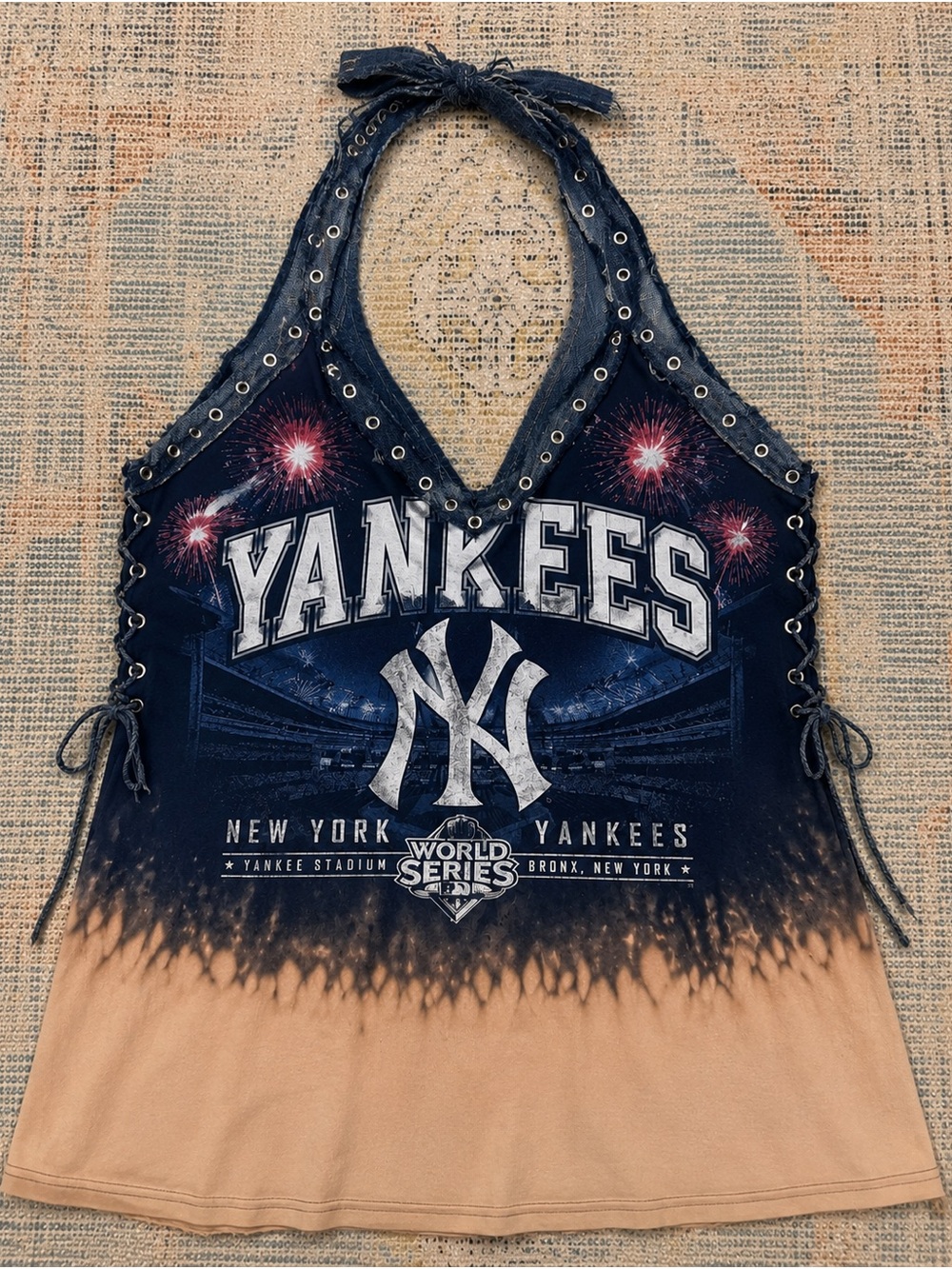 Handmade Upcycled OOAK New York Yankees Halter Top - Navy & Tan